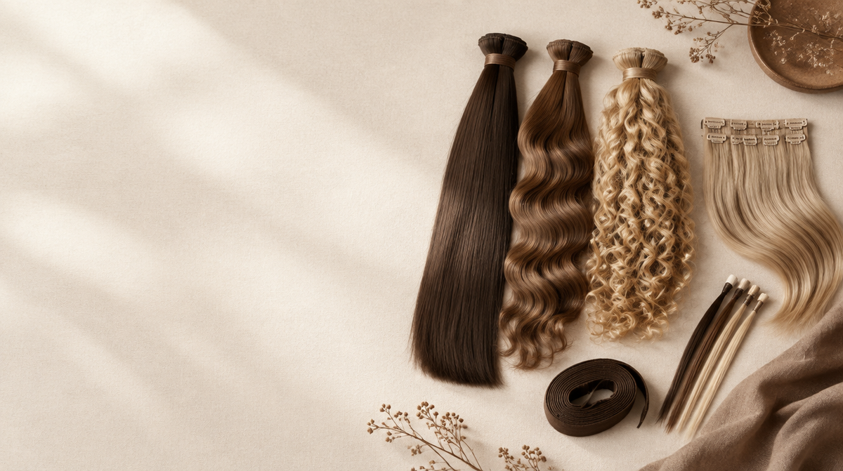 Äkta löshår i rak, vågig och lockig textur med weft, keratinslingor och clip-in
