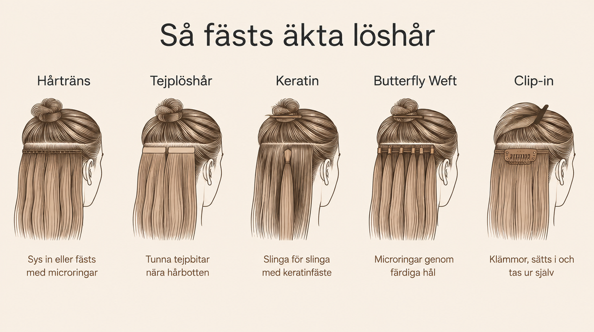 Så fästs äkta löshår: hårträns, tejplöshår, keratin, butterfly weft och clip-in