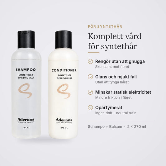 Syntetpaket – schampo och balsam för syntethår: rengör utan att gnugga, glans och mjukt fall, minskar statisk elektricitet, oparfymerat