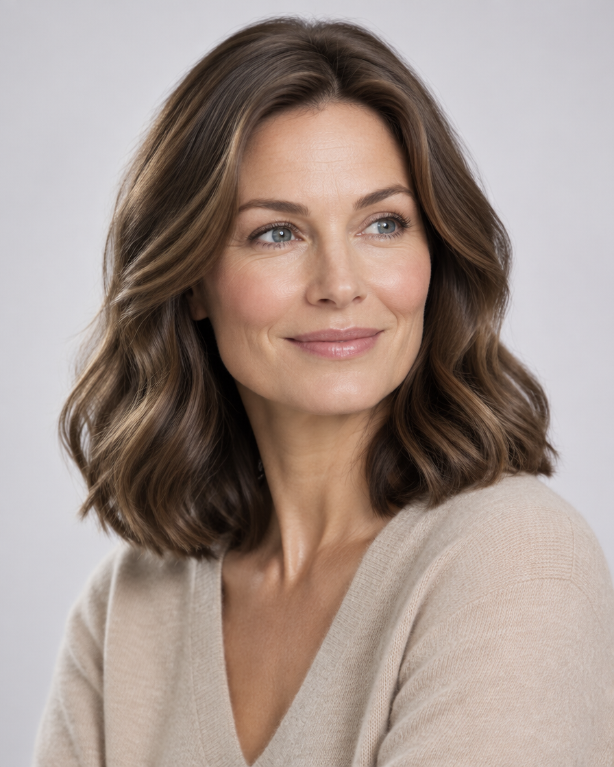Kvinna med naturlig peruk i äkta hår från Fairwithhair