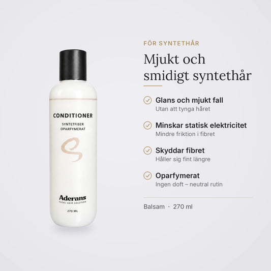 Balsam – Syntethår: glans och mjukt fall, minskar statisk elektricitet, skyddar fibret, oparfymerat