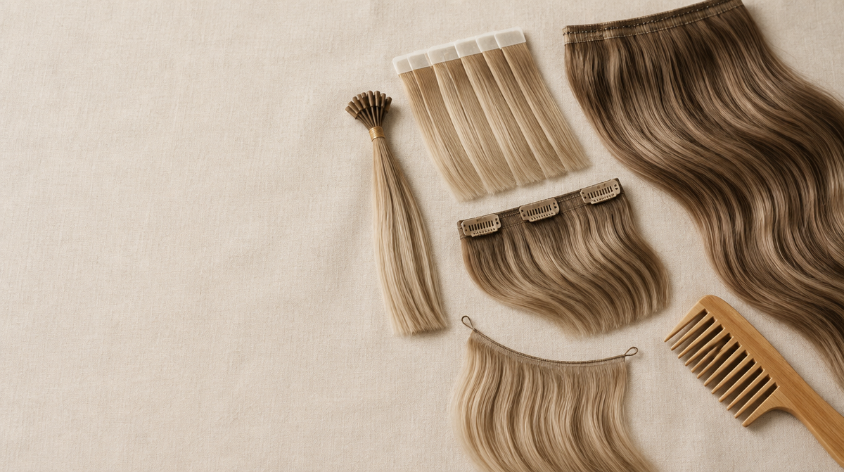 Löshår och hårförlängningsmetoder – weft, tejp, keratin och clip-in på beige linne