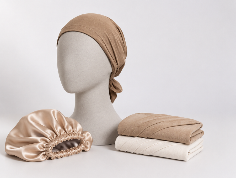 Turban Spirit på perukhuvud bredvid nattmössa i satin och vikta turbaner