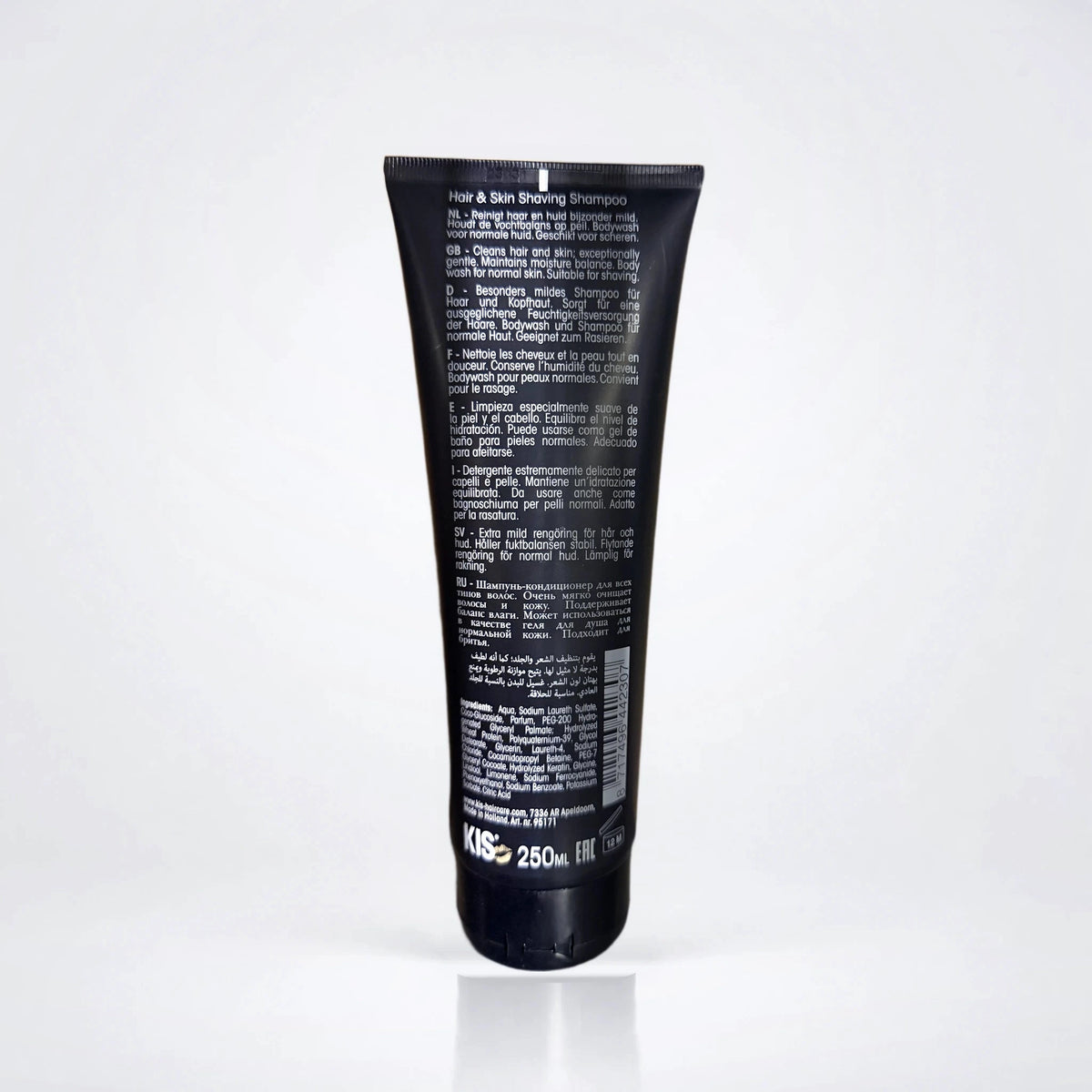 KIS KeraMen Hair & Skin Shaving Schampo, baksida med användning och innehåll