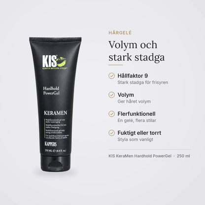 KIS KeraMen Hardhold PowerGel: hållfaktor 9, volym och stark stadga, för fuktigt eller torrt hår