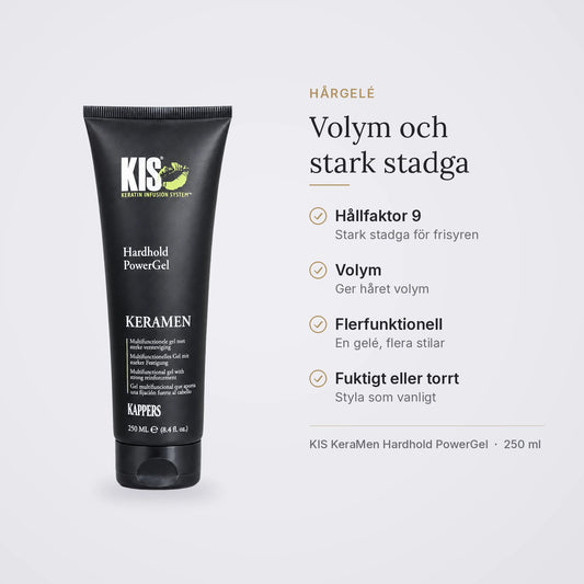 KIS KeraMen Hardhold PowerGel: hållfaktor 9, volym och stark stadga, för fuktigt eller torrt hår