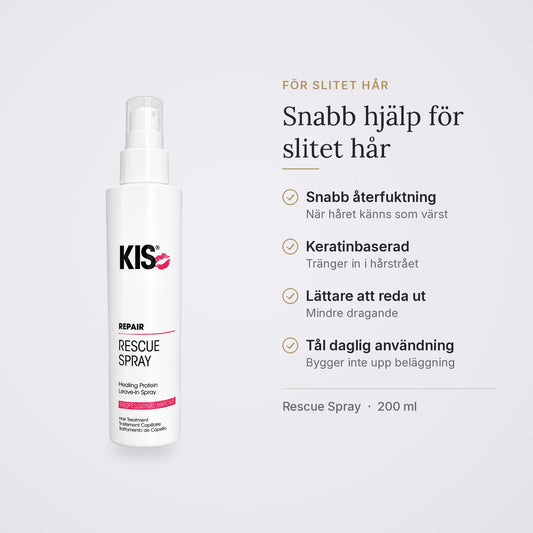 KIS Rescue Spray: snabb återfuktning, keratinbaserad, lättare att reda ut, tål daglig användning