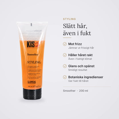 KIS Smoother: mot frizz, håller håret rakt även i fukt, glans och spänst, botaniska ingredienser