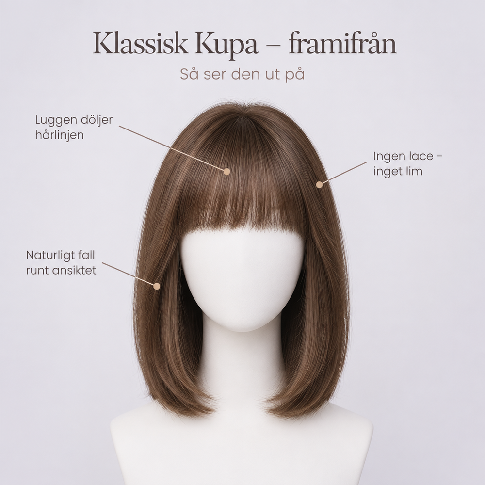 Klassisk Kupa framifrån – luggen döljer hårlinjen, ingen lace och inget lim
