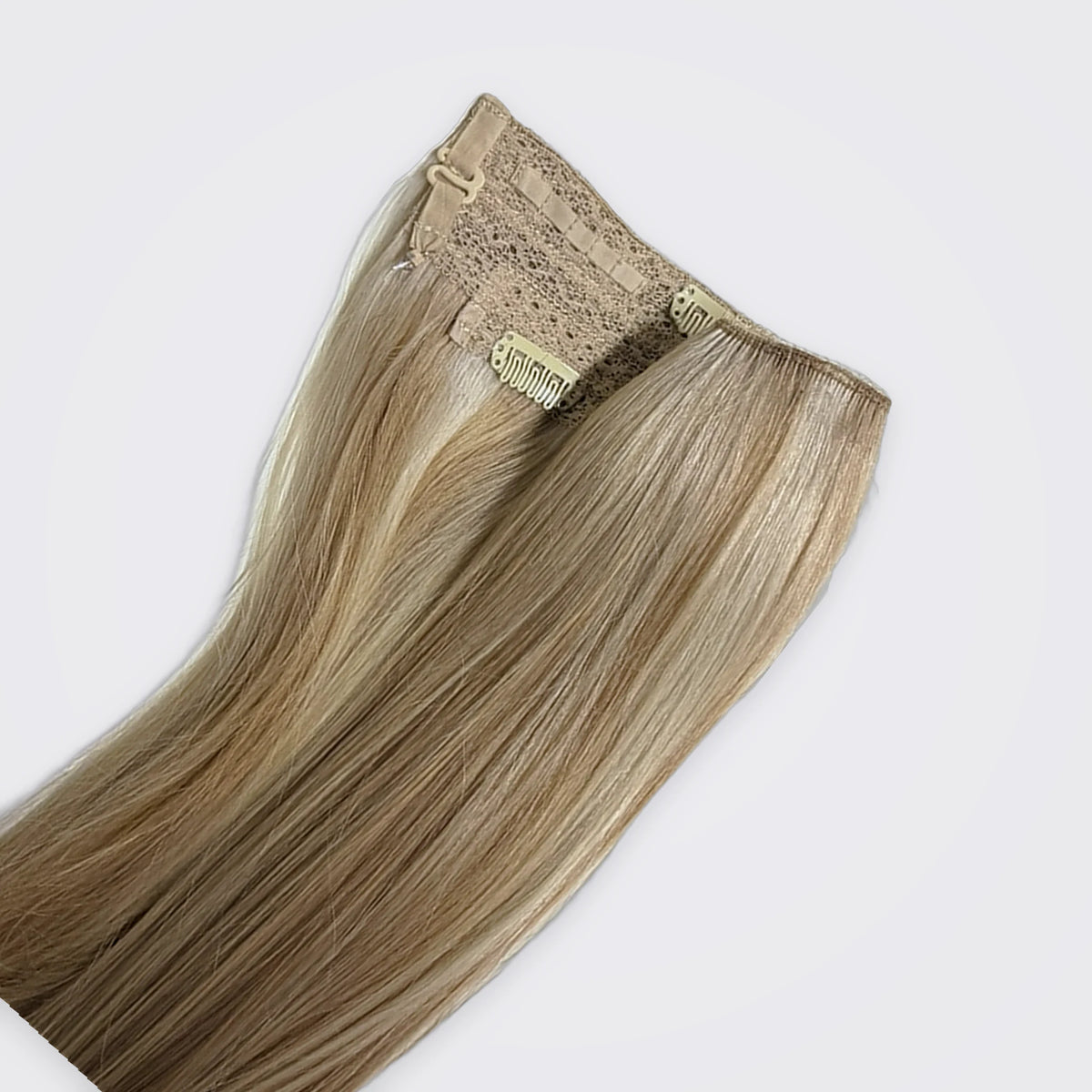 Luxury Halo Hairband – Rak i färg P18/60 Scandi Blonde, öppen vy med hairband och clips
