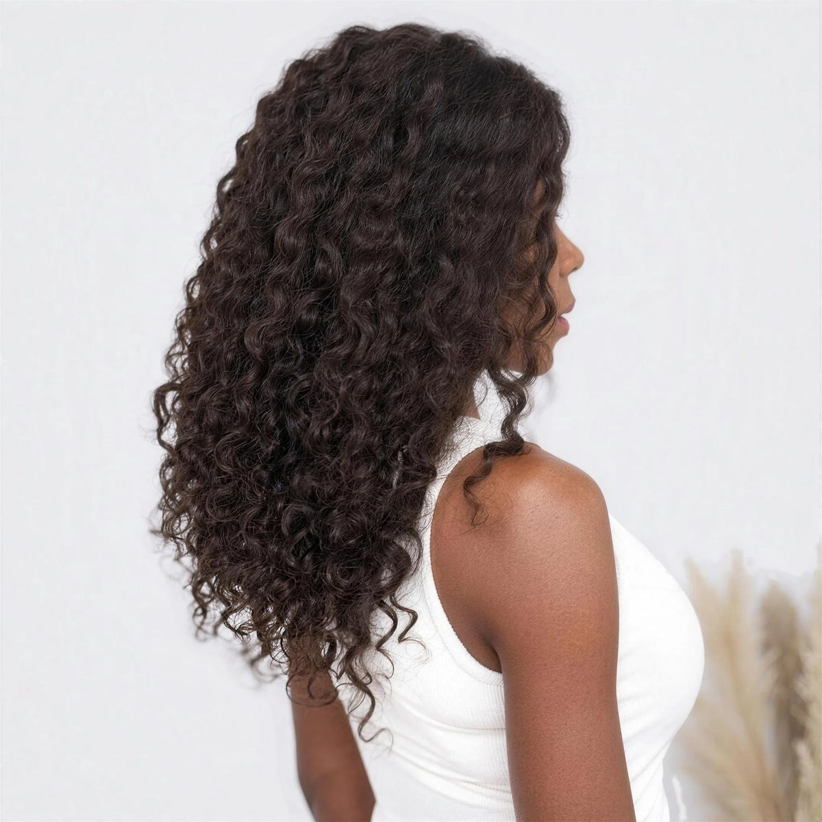 Luxury Peruk Äkta Hår – Krullig, Lace Closure i färg 2, bakifrån