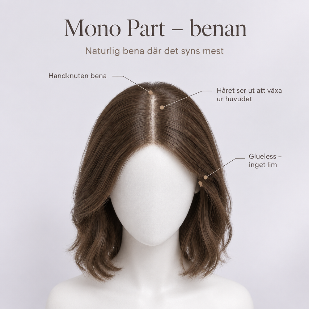 Mono Part – handknuten bena där håret ser ut att växa ur huvudet, glueless