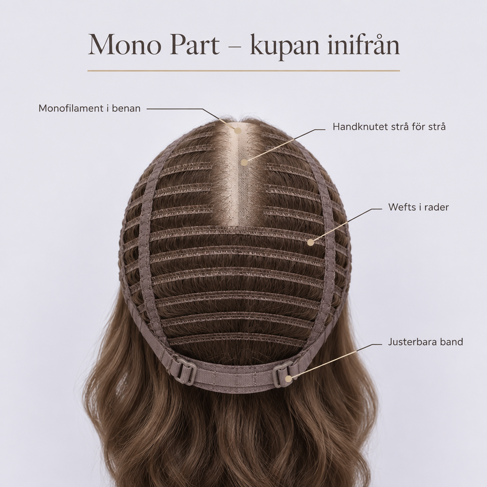 Mono Part – kupan inifrån med monofilament i benan, wefts i rader och justerbara band