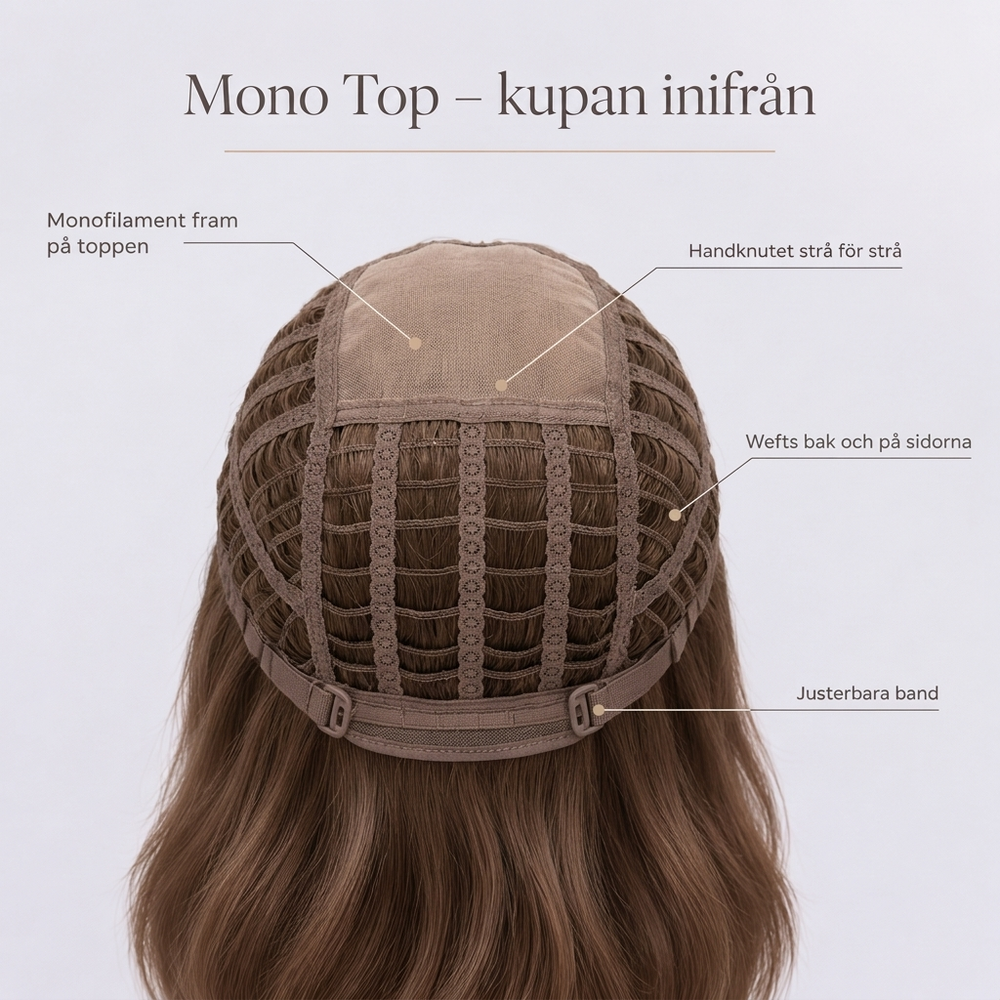 Mono Top – kupan inifrån med monofilament fram på toppen, wefts bak och på sidorna och justerbara band