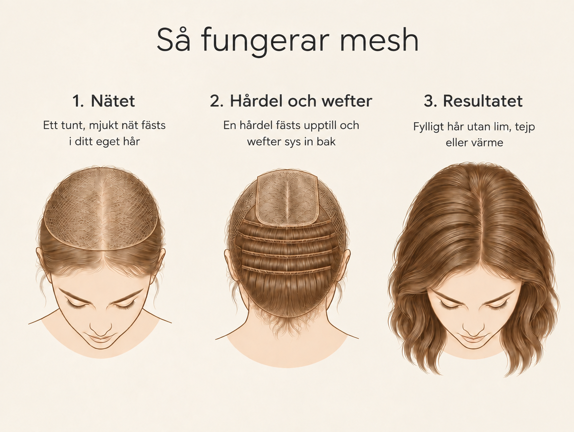 Så fungerar mesh hårförlängning: nätet fästs i ditt eget hår, en hårdel fästs upptill och wefter sys in bak