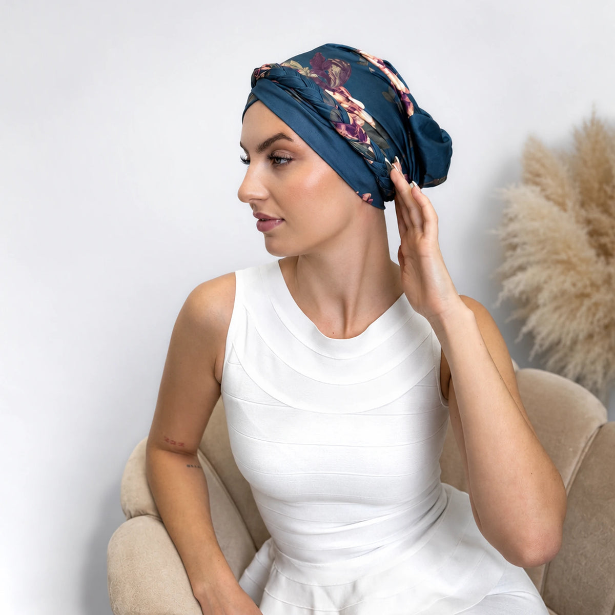 Turban med fläta – blågrön