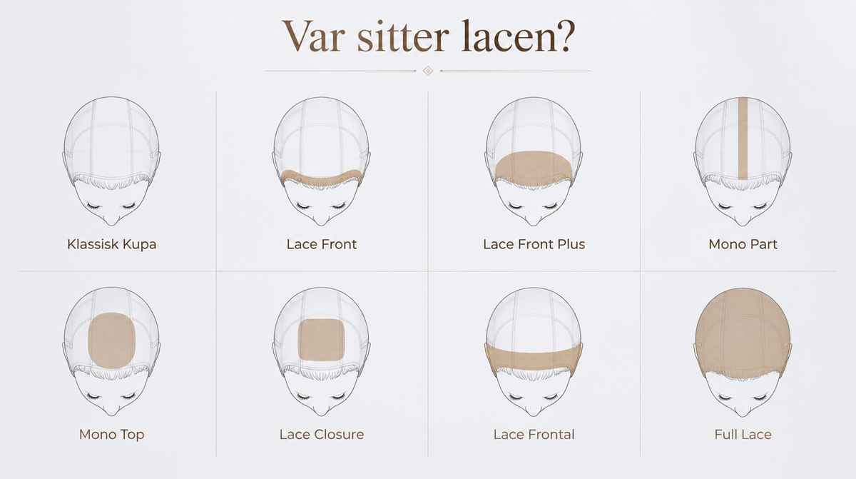 Var sitter lacen? Jämförelse av perukmodeller: Klassisk Kupa, Lace Front, Lace Front Plus, Mono Part, Mono Top, Lace Closure, Lace Frontal och Full Lace