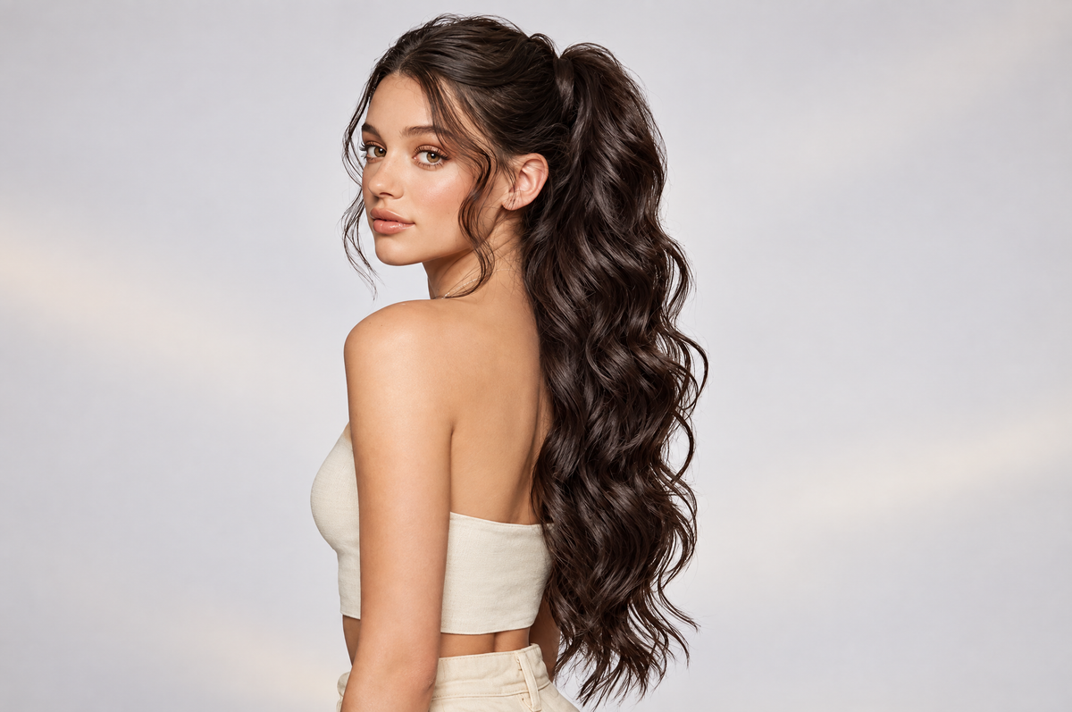 Vegan ponytail i vågigt hår