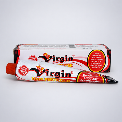 Virgin Hair Fertilizer Original – hårbottenkräm i tub framför kartongen